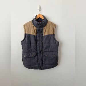 Kane & Unke Vest Mens Blue Tan Colorblock Linen Blend Snap Front Puffer Sz Large